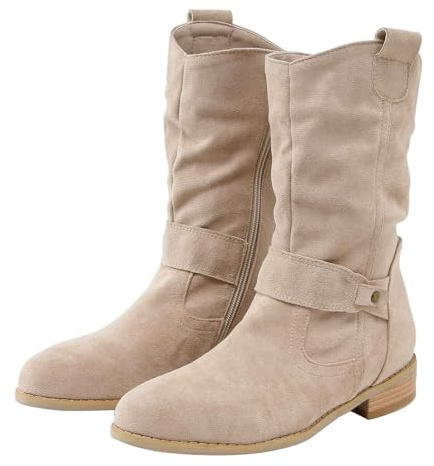 Botas de mujer con tacón de ante marrón, de media caña, con punta puntiaguda, botas de vaquero con cremallera lateral, impermeables, de caña larga, con cierre de hebilla, botas de vaquero, beige, 44