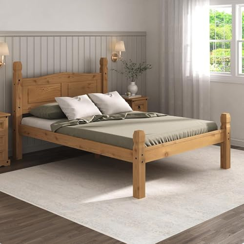 Corona Bed Frame Double Low Foot End 4ft6 Mexican Solid Pine with Wax Finish and Black Metal Hardware