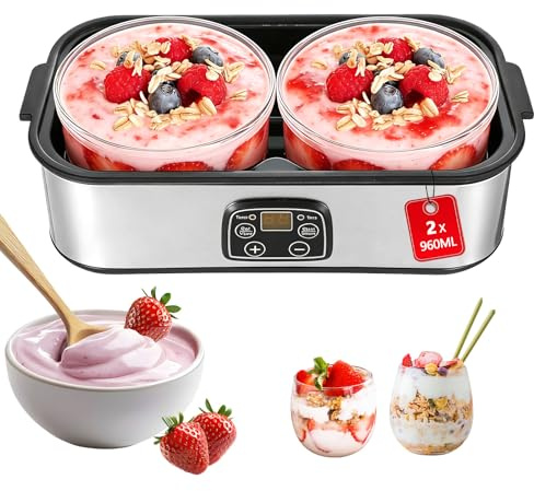 TECKZOON Yogurtera 2L, Máquina de Yogur con 2 Tarros de 1L, Yogurtera Digital de Acero Inoxidable, Yogurt Maker Automático para Yogur Casero DIY, Queso o Natto