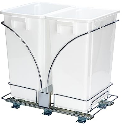 Household Essentials Chrome Steel Sliding Double Waste Bin with White Plastic Inserts