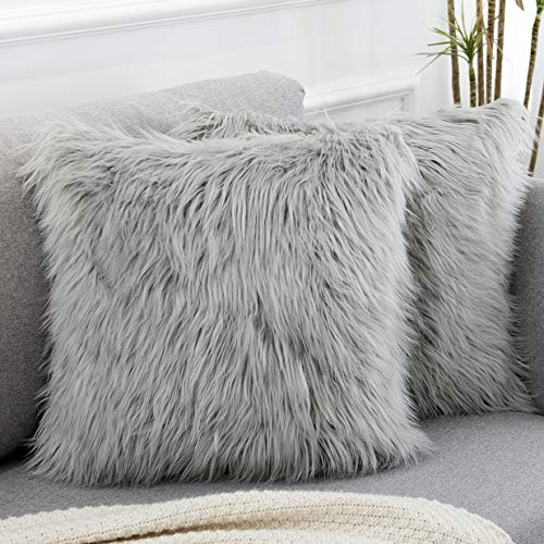 WLNUI Light Grey Faux Fur Throw Pillow Covers 18x18 Inch Set of 2, Luxury Fluffy Shaggy Plush Cushion Cases for Couch Sofa Bed Living Room Decor, Soft Fuzzy Pillow Covers with Hidden Zipper