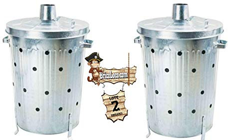 BricoLoco Lote 2 uds. Cubo incinerador jardín 75 litros para Hojas, desechos y residuos. Cilíndrico. con Tapa, Asas y Patas. Acero galvanizado. Abono orgánico Ceniza compostador.