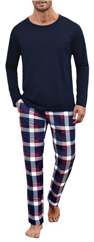 Uniexcosm Mens Pajama Set Long Sleeve Checked Cotton Pyjamas for Men Pjs Top & Plaid Pants Nightwear Sleepwear Loungewear Winter with Pockets