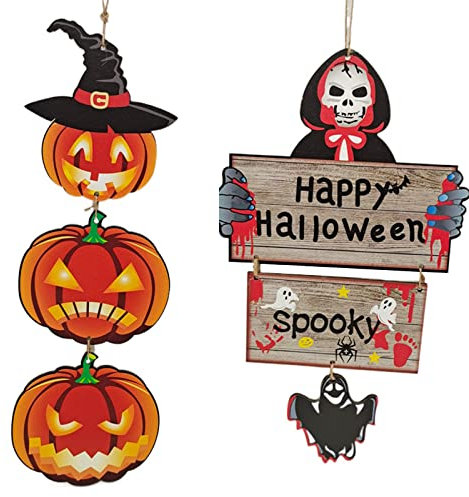 Geoyien Halloween Decoration, Halloween Exterior, Halloween Decoración Interior, Panel Colgante de Madera de Halloween, Esqueletos, Calabazas, Halloween, casa embrujada (2 Piezas)