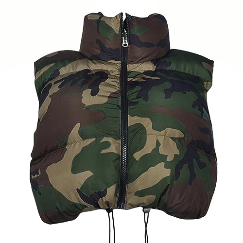 LEOROO Womens Winter Quilted Vest Camouflage Sleeveless Heated Jacket Outerwear Trendy Drawstring Zip Stand Collar Warm Padded Coat(Green,S)