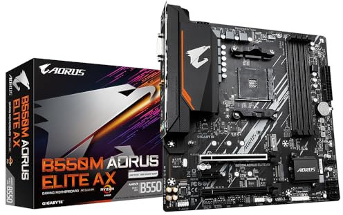 Gigabyte B550M AORUS ELITE AX Motherboard - Supports AMD Ryzen 5000 CPUs, 5+3 Phases Pure Digital VRM, up to 4733MHz DDR5 (OC), 1xPCIe 4.0 M.2, Wi-Fi 6E, GbE LAN, USB 3.2 Gen 2