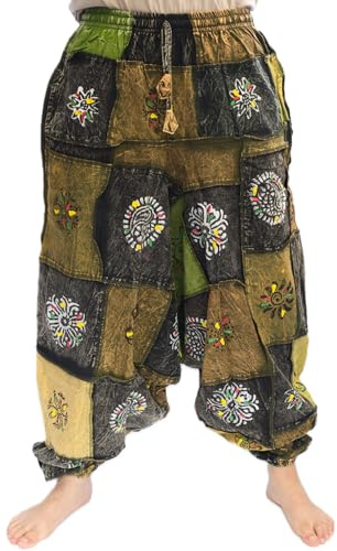 Generico Pantaloni Larghi in Cotone Lavato con Pietra, Harem, Cintura Elastica, Stampa a Blocchi, Stile Boho Unisex Aladino (IT, Testo, Taglia Unica, Regular, Regular, Verde)