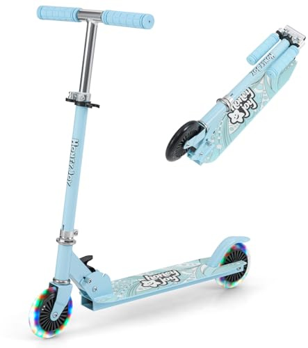 GOPLUS Skoter barn 3 år, 70/75/80 cm, höjd justerbar barnsparkcykel, barnskoter med LED-hjul och säkerhetsbakhjulsbroms, stadsskoter, vikbar lätt för flickor och pojkar, ljusblå