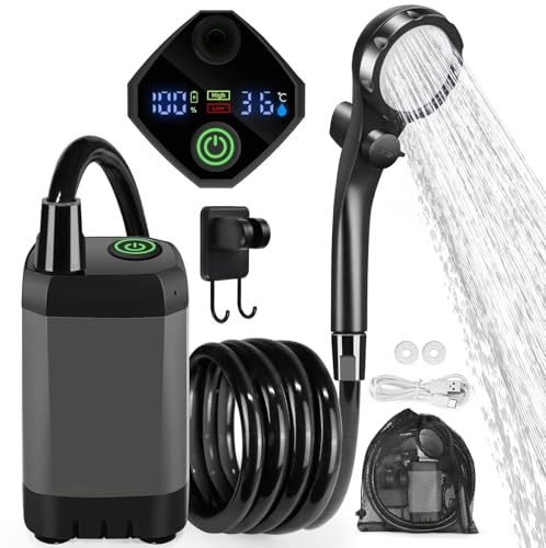 BRAVECOW Portable Camping Shower 6000mAh Rechargeable Electric Digital Display Shower Pump Outdoor Washing Cleaning Watering Accessories Camping Hiking