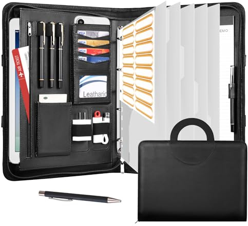 Leathario Schreibmappe A4 mit 5er Register DIN A4，Konferenzmappe mit 4 Ringbuch，Dokumentenmappe mit Reißverschluss，Griff，Klemmbrett,Ordner für Meeting, Business,Mappe für Schule, Uni Schwarz