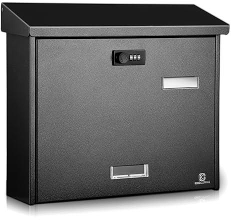 KINGCEPHAS Wall-Mounted Mailbox with Combination Lock, Large Capacity, Wall Mount Waterproof Postbox, Wall Installed Outdoor High Rust Resistance Letterbox,Mailboxes for Outside (Black)