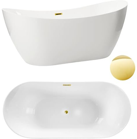 Aquauno - Baignoire autoportante en acrylique sanitaire de qualité supérieure - 170 x 72 cm - Avec bonde clic-clac, trop-plein, couvercle, bonde en or miroir - Design moderne pour baignoire