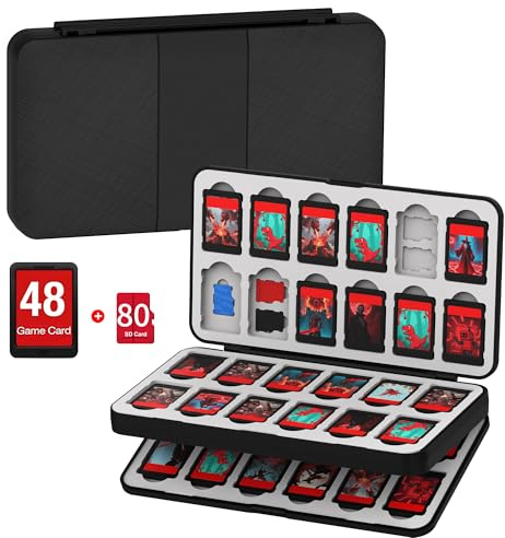 Fry Pond Switch game card case for Nintendo Switch/Switch2/OLED, Suitable for 80 Micro SD card and 48 Switch game cards, Portable Nintendo Switch game holder with hard shell, Black