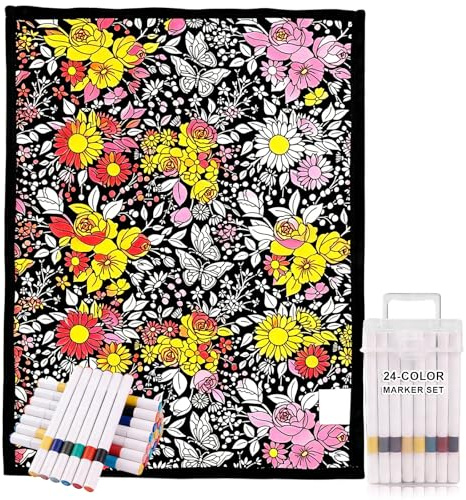 Nocecfi DIY Coloring Blanket with Markers, 150x125cm Large Washable Fleece Throw Soft Cozy Fleece Drawing Throw Creative Colour Your Own Blanket Set Personalized Home Decor Ideal (Flower)
