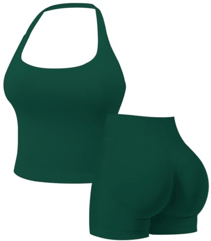 Womens Workout Sets Gym Outfits 2 Pieces Seamless Longline Halter Backless Crop Top Scrunch Bums Shorts Yoga Tracksuit