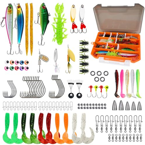 Lot de 137 leurres de pêche avec boîte à appâts, appâts pour brochet, Sandre, Truite, Perche, Accessoires de pêche, avec Poisson en Caoutchouc, Spinner, Popper jigs Head pour Eau Douce, Eau salée