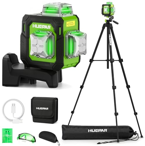 Huepar Livella Laser Verde 3D 3x360° Autolivellante, Precisione ±3mm, 40m(70m con Ricevitore), Compatta Livello Laser con 152cm Treppiede, Ideale per Lavori in Spazi Stretti, Controsoffitti, USB-C