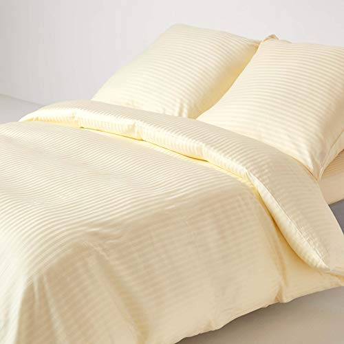 Homescapes 2-teiliges Damast-Bettwäsche-Set vanille, ägyptische Baumwolle mit Satin-Streifen,1 Bettbezug 155x220 cm & 1 Kissenbezug 80x80 cm