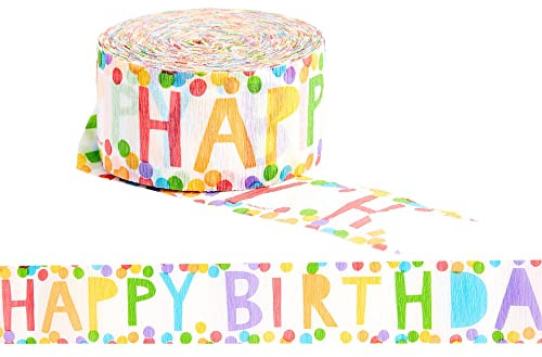 Vibrant Rainbow Happy Birthday Printed Crepe Streamers - 81' (1 Count) - Perfect for Birthday Celebrations