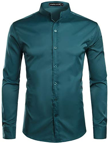 PARKLEES - Camicia da uomo tinta unita, slim fit, facile da stirare, a maniche lunghe, con colletto alla coreana, per l'ufficio e il tempo libero, blu-verde, L