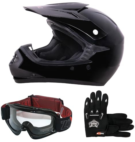 Zorax ZOR-X15 Black XL (55-56cm) Youth Kids Children Motocross Motorbike Helmet & Gloves XL(8cm) & Goggles - Junior Dirt Bike Off Road Motorcycle Crash Helmet ECE 2206