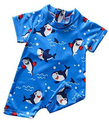 Cutebbclo Baby Boy Swimming Suit Baby Swimsuit Baby Boys Swimwear Toddler Boys Rash Guard Zipper One Piece Short Sleeve Sunsuit Beach Bathing Suits (A-Blue,6-12 Months)