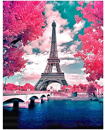DCIDBEI Quadrato Diamond Painting Pietre quadrate 40 x 50 cm Full DIY 5D Diamond Painting Immagini per adulti Tela grande Diamante Pittura con Numeri Paesaggio Torre Eiffel Parigi Fiori di ciliegio