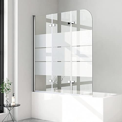 Duschwand für Badewanne 3 teilig faltbar 130x140 cm 6mm ESG Sicherheitsglas (ESG) Faltwand Milchglas Gestreift Badewannenaufsatz Badewannenfaltwand Duschabtrennung für Badewanne