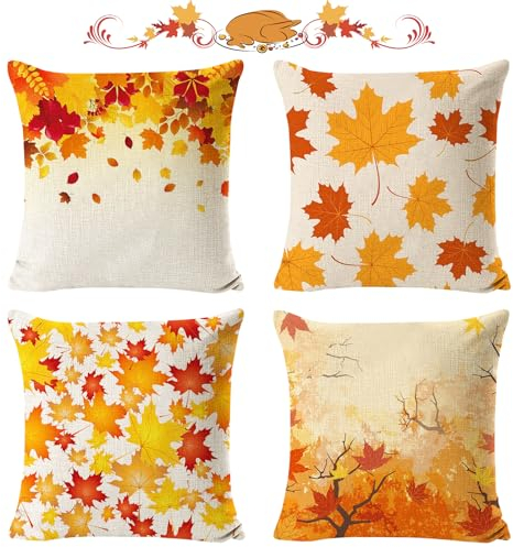 4 unidades de decoración otoñal para interiores, 45 x 45 cm, cojín de otoño, funda de cojín de otoño, funda de cojín de otoño, decoración de otoño, cojín de sofá, cama, hogar