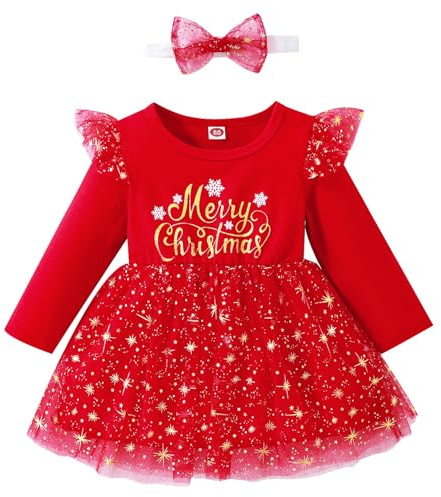 Winmany Bebé Niñas Trajes de Navidad Niño Vestido Tutu Falda Manga Larga Encaje Ropa de abrigo+vincha para bebé (12-18M)