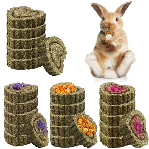 BAIFULAI 24 Stück Kaninchen Kauspielzeug, Heuraufe Kaninchen, Meerschweinchen Spielzeug, Herzförmig/Rose/Ringelblume/Vergissmeinnicht, Kauspielzeug für Häschen Chinchilla Meerschweinchen Rennmäuse