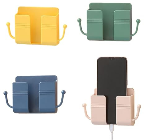 Soporte para teléfono montado en la pared, paquete de 4 soportes de ABS para teléfono móvil con gancho adhesivo 3M, caja de almacenamiento multiusos para dormitorio, cocina, baño, oficina