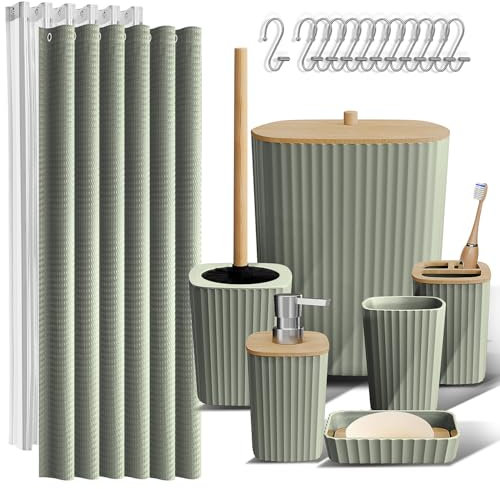 Clara Clark Bathroom Accessories Set - Bathroom Accessory Set with Shower Curtain Set, Toilet Brush, Trash Can & Soap Dispenser (Sage Green, Complete Set)