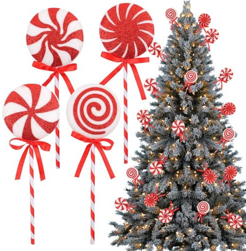 Lollipop - Set di decorazioni natalizie per albero di Natale, 4 decorazioni per albero di Natale a forma di lecca-lecca, colore rosso e bianco