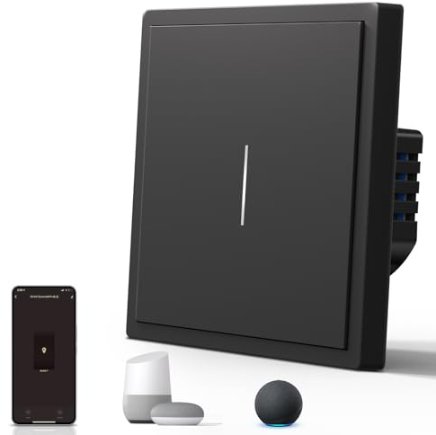 BSEED Smart Light Switch,WiFi Mate Wall Switch with Led Indicator,Remote Control,Voice Control,Timer Function,1 Gang 1 Way,Black 86mm