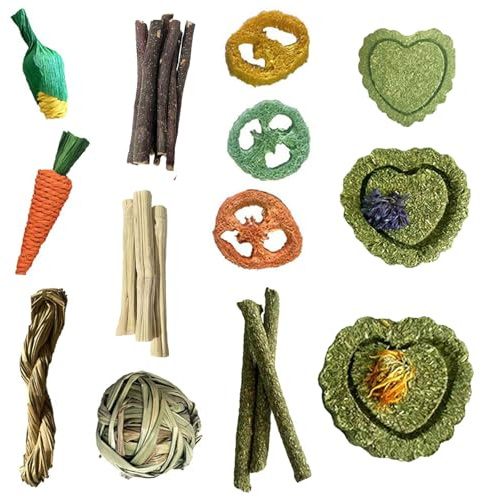 AIPWEYT Store 17 Piezas Juguetes para Conejos, Juguetes para Masticar Conejos, JJuguetes de Hamster, Natural Timoteo Heno Masticar Juguete, para Chinchillas, Hámsters, Cobayas