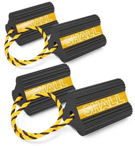 SHALL Wheel Chocks, Heavy Duty Rubber Wheel Chocks with 3 Reflective Strips, Solid Block Stopper for RV Trailer Camper Truck Car Aircraft, 2 Pair/4 Pack with Rope, Yellow