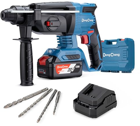 Dong Cheng 20V MAX SDS-Plus 2.8J Cordless Brushless Rotary Hammer Drill with Safety Clutch, 4 Functions, LED Light with Vibration Control, 4 Drills & Carry Bag