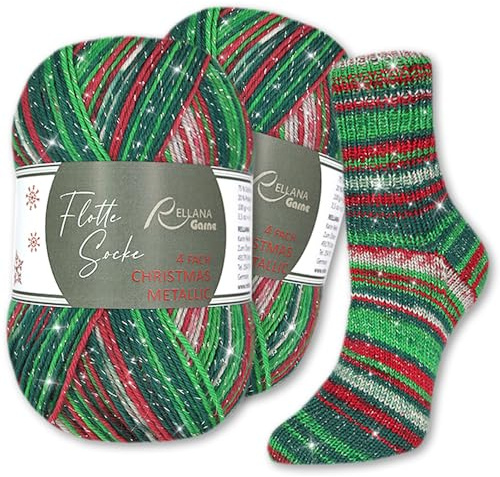 Frida's Wollhaus Rellana 2 x 100 g Flotta Calze Christmas Edition Metallic 2025 a 4 fili in lana per calzini, con glitter