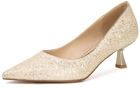 SUIARA Wedding Heels Women Kitten Low Heel Pointed Closed Toe Gold Glitter Bridal Shoes Slip on Sexy Party Dress Pumps