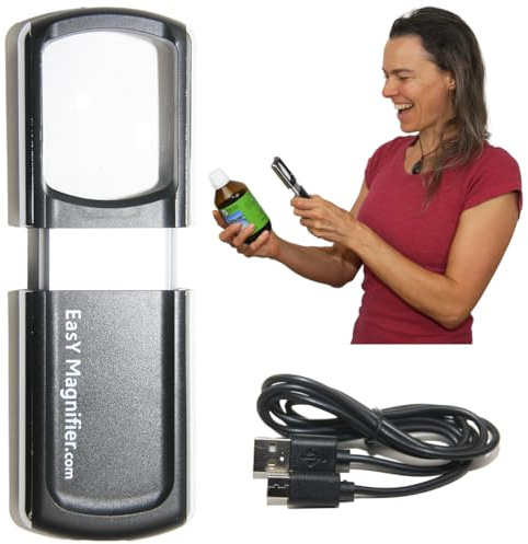 EasY Magnifier Petite loupe rechargeable 30x avec lumière LED, loupe à main éclairée pour lire de petites polices ; cadeau pour les personnes souffrant de troubles visuels ; batterie USB type C