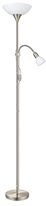 EGLO Stehlampe Up 2, 2 flammige Stehleuchte, Standleuchte aus Metall, Glas und Kunststoff, Wohnzimmerlampe in Silber, Weiß, Lampe mit Schalter, Deckenfluter mit Leselampe, E27, E14