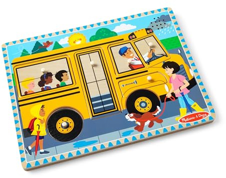 Melissa & Doug The Wheels on The Bus Song Puzzle – 8-Piece Wooden Peg Puzzle with Light-Activated Sounds, Music Learning Toy for Toddlers and Preschoolers Ages 2+