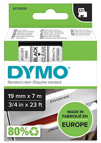 DYMO Authentic D1 Labels | Black Print on Clear Tape | 19 mm x 7 m | Self-Adhesive Labels for LabelManager Label Makers | Made in Europe
