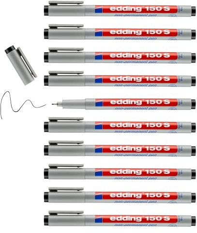 edding 150 S Non-permanent pen - schwarz - 10 Stifte - Rundspitze 0,3 mm - Stift zum Schreiben auf Glas, Kunststoff, Folien und glatten Oberflächen - schnell trocknend, mit Wasser korrigierbar