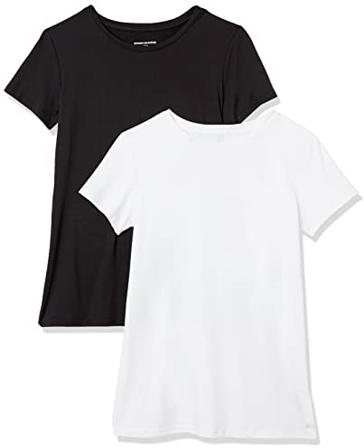Amazon Essentials Women's Active Quick-Dry Tech-Stretch Short-Sleeve Crewneck T-Shirt, Pack of 2, Black/Bright White, M