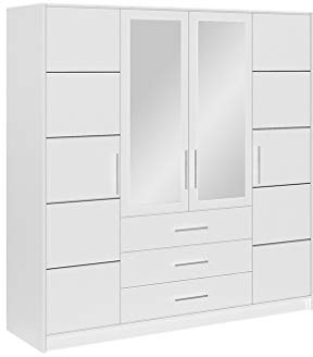 Furniture24 Kleiderschrank Bali D4 Schlafzimmer 4 Türiger Drehtürenschrank 3 Schubkästen Schrank 1 Kleiderstange 8 Einlegeboden Spiegel Weiß