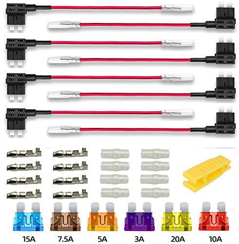 Gebildet 8pcs 12V-24V Portafusibili a Lama con 16AWG Filo, ATS Standard Medio Dimensioni ADD-a-Circuit Fusibili Tap, con 6pcs Fusibili a Lama(3A/5A/7.5A/10A/15A/20A) e Estrattore di Fusibili