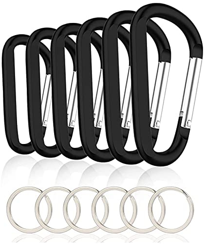 CampTek 6PCS Black Carabiner Caribeaner Clip,3 Large Aluminum D Ring Shape Carabeaner with 6PCS Keyring Keychain Hook