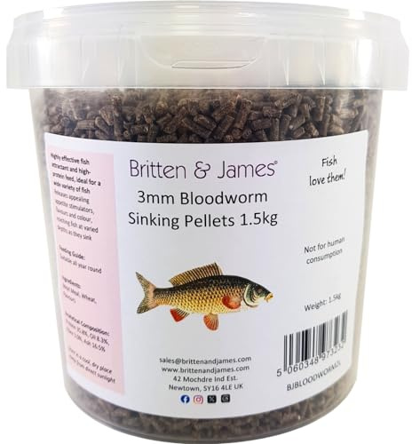 Premium 3mm Bloodworm Sinking Pellets Fishing Bait by Britten & James (1.5kg). High Attractant, Rapid Breakdown, 'Four Seasons' Bait in a Reusable 2L Tub - Red Dye Removed